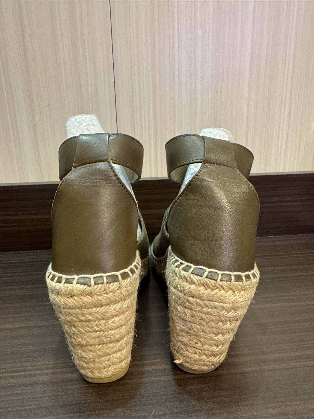 GAP Olive Green Suede Espadrille Wedge Sandals with Brown Ankle Strap - Picture 7 of 7